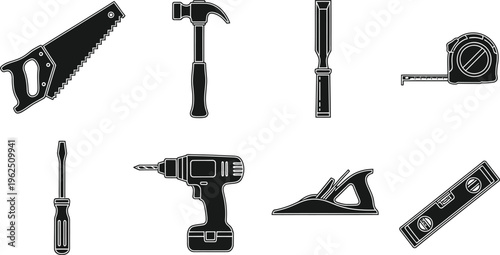 Icon set of essential hand and power tools for diy and construction