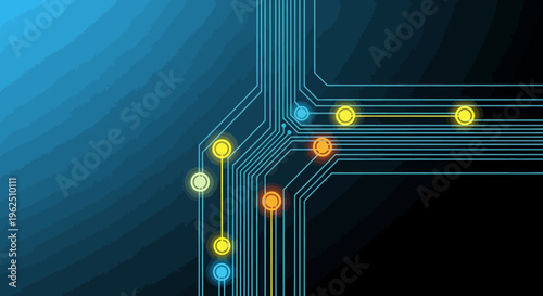 Modern circuit board illustration with colorful glowing dots and blue lines