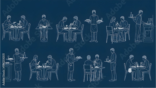 Restaurant CAD Human Figures – 10 Seated Dining and Waiter Poses, Technical Blueprint Line Drawing