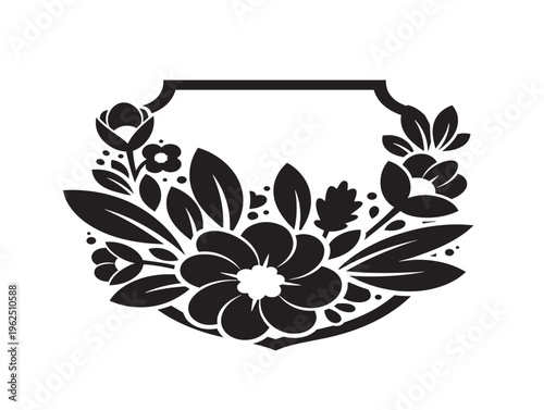 Luxurious floral badge emblem silhouette with elegant ornamental composition 