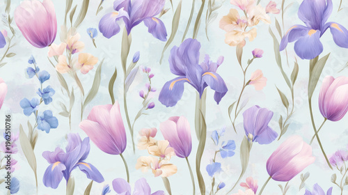 Seamless pattern of pastel watercolor irises, tulips and freesia flowers on soft light background, elegant airy botanical design with gentle spring palette