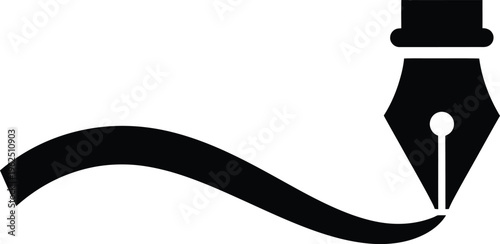 A black fountain pen nib with a flowing line and top hat on a white background creating a vintage writing feel