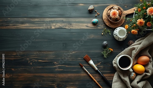 A rustic wooden table with space for text, flowers, and Easter decor. Conceptual art, education, DIY, Easter decor.