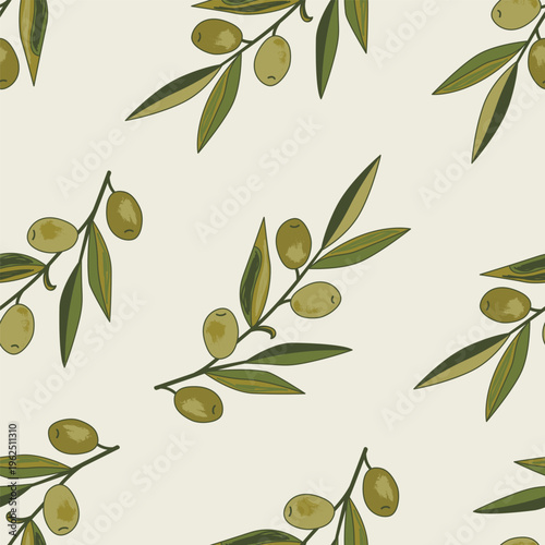 Vintage hand drawn olive branches seamless pattern. Vector illustration background