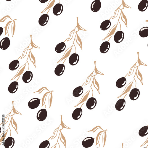 Stylized olive branches seamless pattern. Vector illustration background