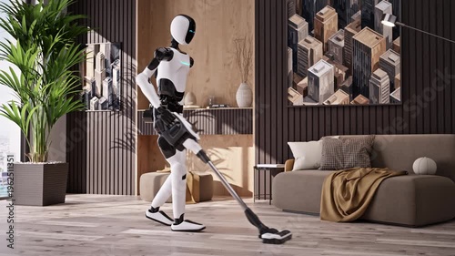 Wallpaper Mural AI-powered humanoid robot cleanimg apartment, vacuuming a modern living room. Advanced household automation and AI housekeeping assistant. Future smart home technology. 3d animation rendering Torontodigital.ca
