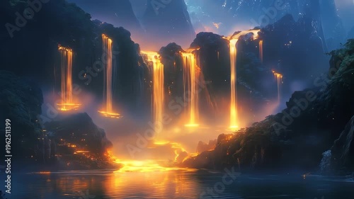 Fantasy landscape of waterfalls with flowing lava at dusk