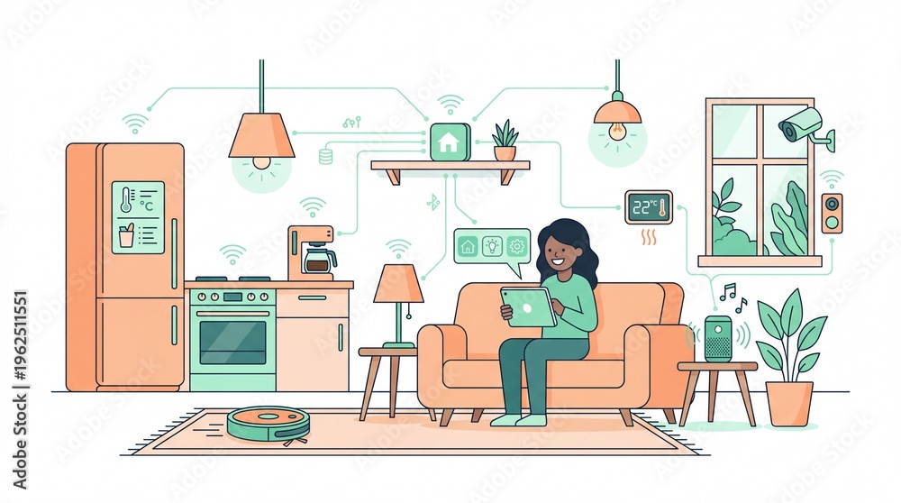 Fototapeta premium Smart home automation concept illustration, woman controlling connected appliances with tablet, modern internet of things domestic lifestyle scene