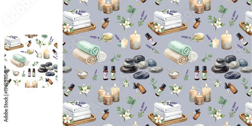 Watercolor seamless pattern of spa elements: towels, zen stones, candles, essential oils, and lavender flowers, no background, watercolor styled vector, textile design, gift wrapping, wallpaper