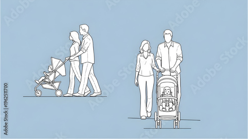 Parents with Stroller and Child Human Scale Figures – AutoCAD Blueprint Architectural Entourage Technical Diagram Style