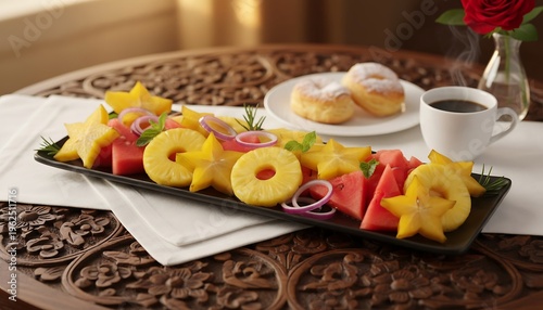 Vibrant fruit platter with star fruit watermelon pineapple and coffee for breakfast.