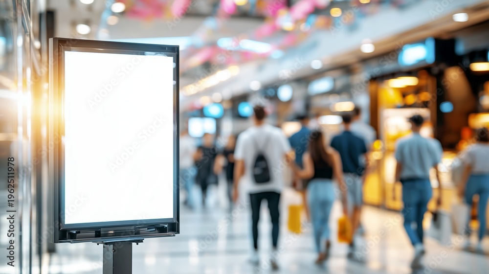 Obraz premium Bright blank advertising display with shoppers in modern mall