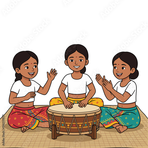 Three Young Girls Celebrating Sinhala and Tamil New Year with Traditional Drum and Clapping