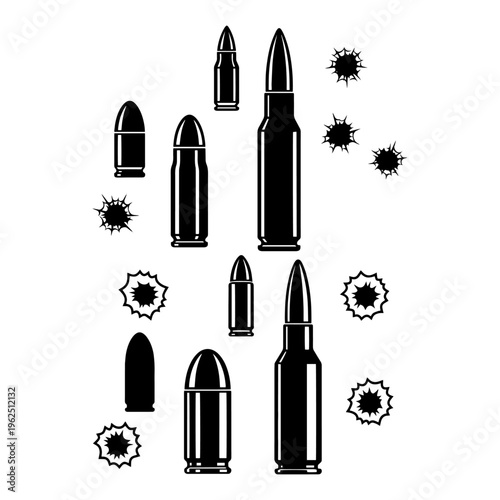Modern Bullets and Gunshot Hole Silhouettes - Metal Impact and Ballistics Set