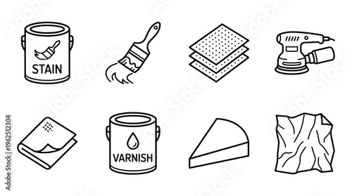 Woodworking tools and materials icon set isolated on white background