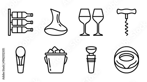 Wine related icons bottles glasses decanter opener and accessories
