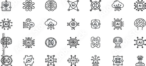 Artificial Intelligence Line Icon Set with AI Brain, Neural Network, Machine Learning, Cloud Computing and Technology Innovation Symbols Collection