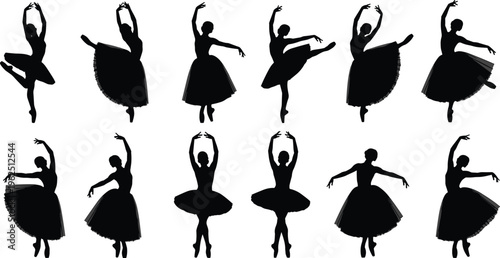 Black silhouettes of ballerinas in elegant tutus, performing various classical ballet dance poses and graceful movements for theater and art.