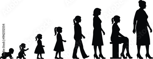 Black silhouettes of female aging process from baby to senior woman showing life cycle and human evolution on white background.