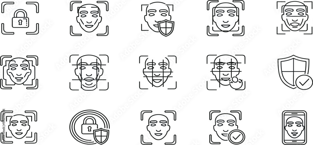 Fototapeta premium Facial Recognition and Biometric Security Line Icon Set with Face Scan, Identity Verification, Data Protection and Digital Authentication Symbols