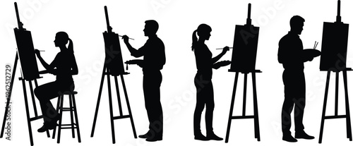 Black silhouettes of male and female artists painting on canvas with easels and palettes in a professional creative art studio.