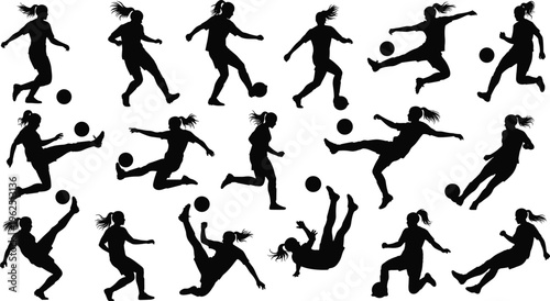Black silhouette illustration of female soccer player performing dynamic actions with ball, including running, dribbling, kicking, acrobatic moves, showcasing athletic energy, motion, and competitive 