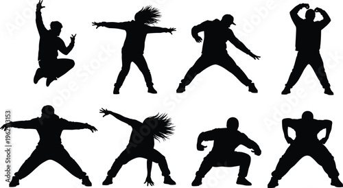Black silhouettes of urban hip hop dancers performing breakdance moves, street dance jumps, and energetic athletic poses for youth culture.