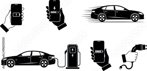 Electric vehicle and smartphone charging icons set featuring car at station, battery level indicators and 