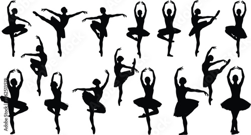 Collection of sixteen ballet dancer silhouettes in classical poses including arabesques, pirouettes, and relevés, showcasing elegance, precision, artistry, and expressive movement 