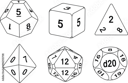"Illustration of six different polyhedral dice used in tabletop role‑playing games including d4, d6, d12, and d20 for gaming and design purposes"