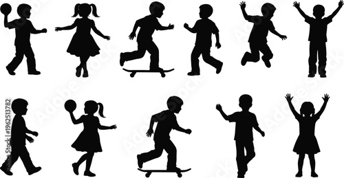 "Silhouette illustration of ten playful children engaged in various activities including running, walking, skateboarding, ball games, and joyful gestures arranged in rows"