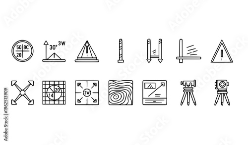 Geodetic survey line icons horizontal set coordinate elevation topography theodolite vector illustration isolated on white