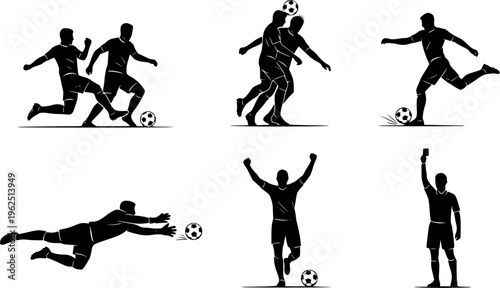 Soccer Player Action Silhouettes Featuring Kicking Dribbling Goalkeeper Save Referee And Winning Goal Celebration Moments