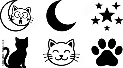 Cute cat and night sky icons in black minimalist graphic style on white background