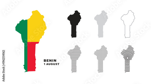 Set of isolated benin maps. benin flag overlaid with flag proportions. Maps and traveling around the world