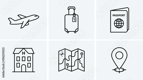 Comprehensive Travel & Vacation Icon Set Flight, Luggage, Accommodation, and Navigation Essentials