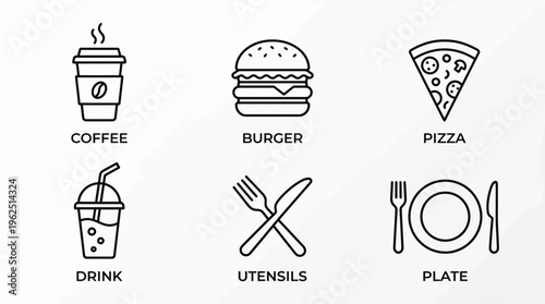 Set of Icons Representing Food and Drink Items for Restaurant and Cafe Menus