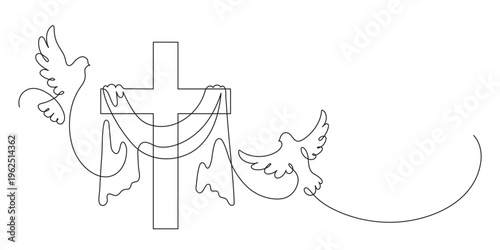 Cross draped with cloth with doves. Good Frieday symbol. Continuous line drawing. Christianity religion concept. Frame border.