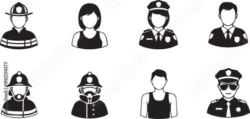 Emergency responders icons, occupation symbols, professional avatars, black and white vector graphics