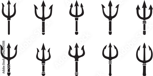 Trident icons, black tridents set, vector pitchforks, devil fork symbols