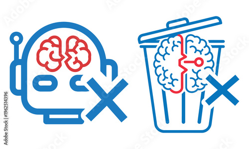 Digital Detox Concept with Robot AI and Human Brain in Trash Bin