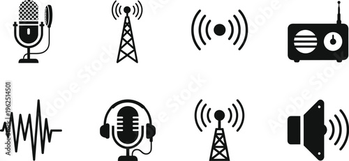 Radio communication icon set for sound and broadcasting symbols