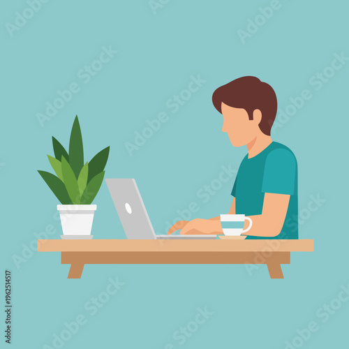 Man working on laptop at desk with plant and coffee.