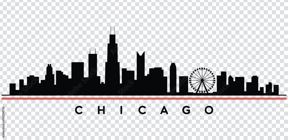 Fototapeta premium Vector illustration chicago city skyline with ferris wheel and red line silhouette