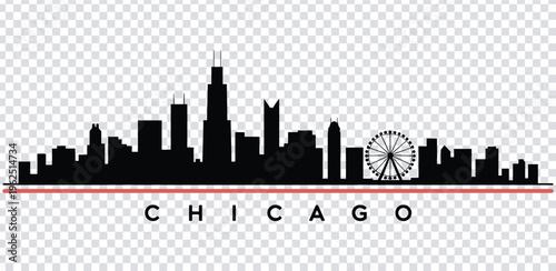 Vector illustration chicago city skyline with ferris wheel and red line silhouette