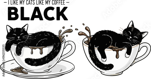 Black cat coffee, cute cat vector, coffee cup illustration, feline design