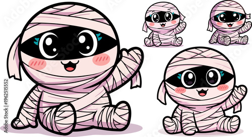 Cute Mummy Characters, Cartoon Mummies, Halloween Vector Illustrations, Wrapped Creatures