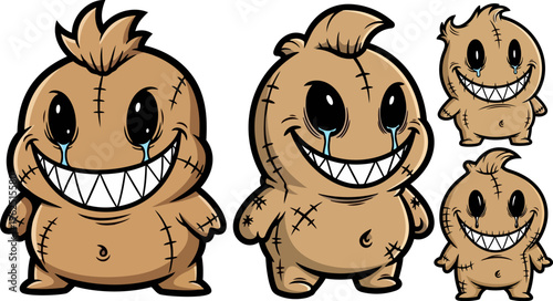 Voodoo doll characters, cartoon voodoo toys, smiling stitched creatures, emotional dolls