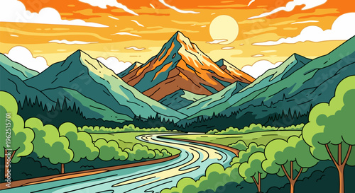 Vector scenic landscape, mountain range, winding road, sunset background, nature scenery