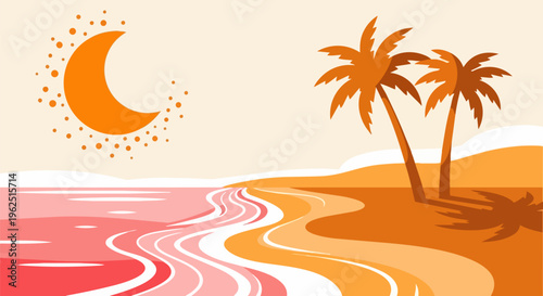 Tropical beach, sunset landscape, vector illustration, palm trees, orange hues